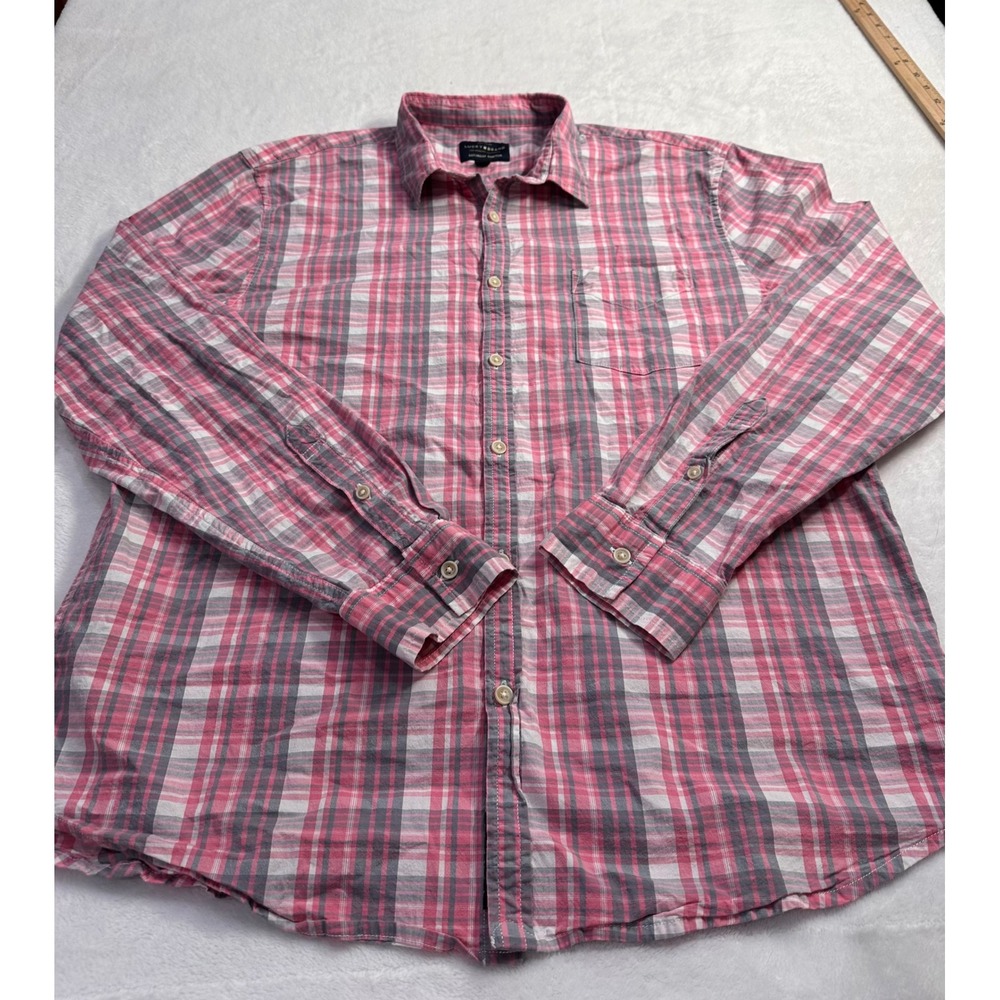 Lucky Brand Saturday Stretch Pink Grey Plaid Button Down Shirt Womens XL